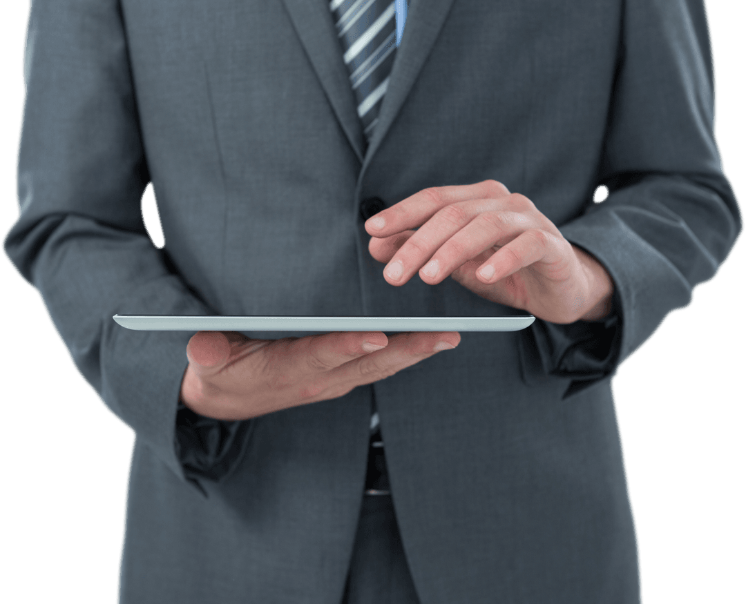 Businessman in Gray Suit Interacting with Transparent Tablet