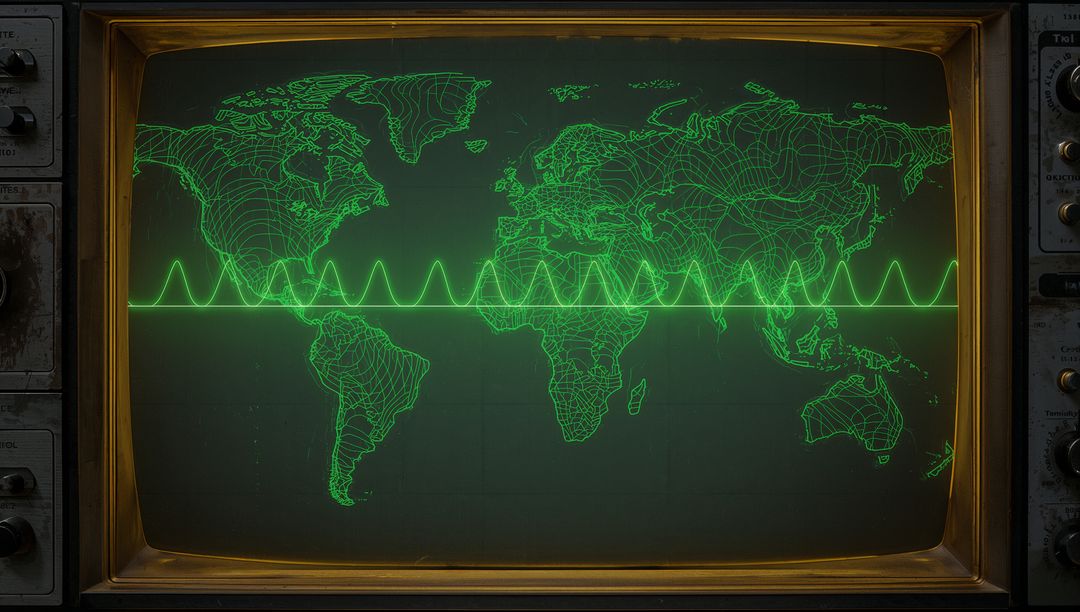 Vintage CRT Monitor Displaying Illuminated World Map with Waveform