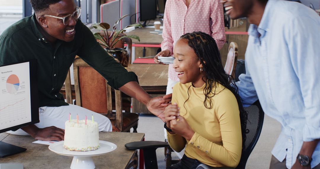 Team Celebrating Birthday at Office with Cake and Work Discussions