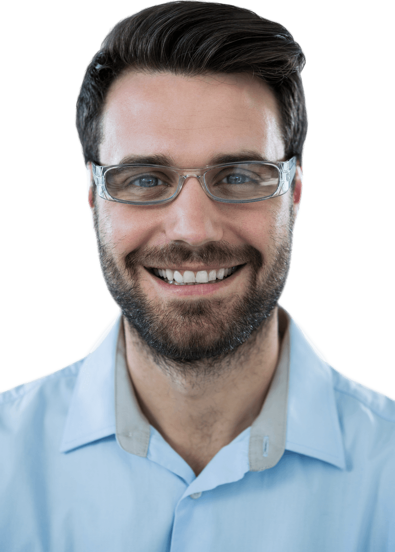 Joyful Man with Glasses Smiling Against Transparent Background