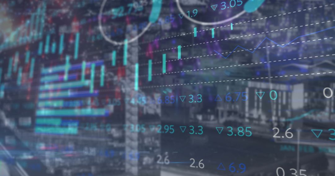 Cityscape Overlay with Abstract Financial Data