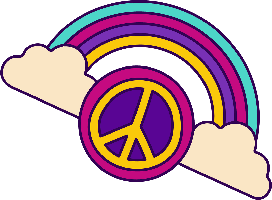 Retro Peace Sign Over Rainbow with Clouds on Transparent