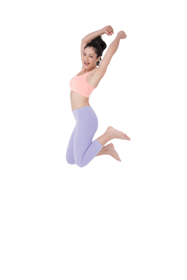 Active Woman Joyfully Jumping on Transparent Background