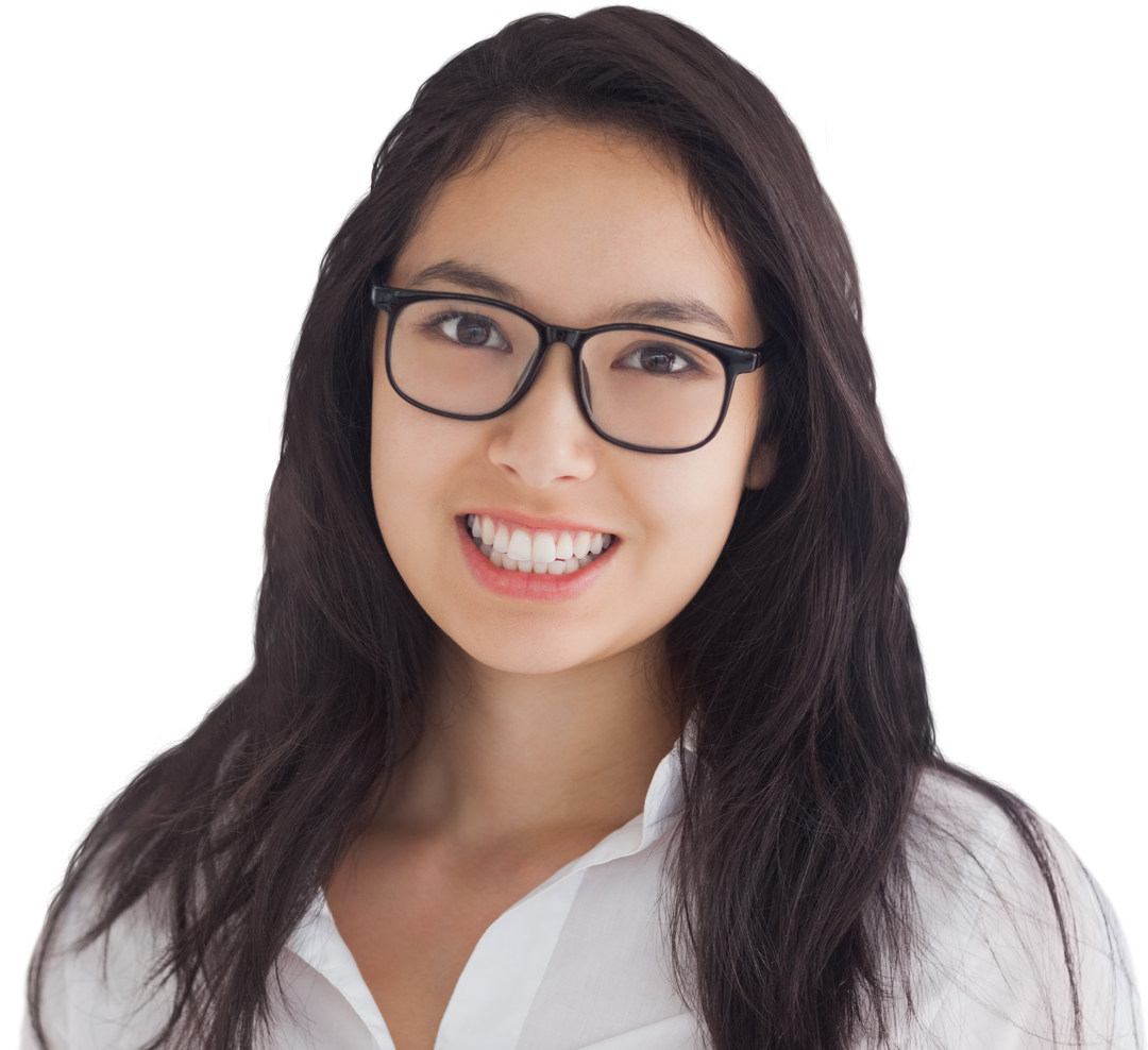 Young woman smiling in glasses and white blouse with transparent background - Download Free Stock Images Pikwizard.com