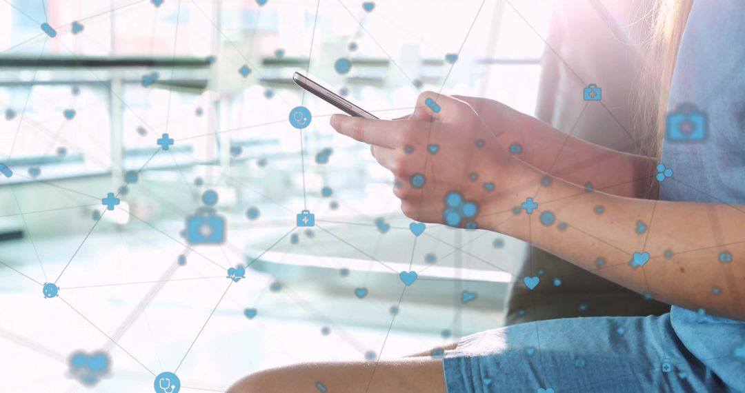 Connected Icons and Smiling Woman Chatting on Smartphone
