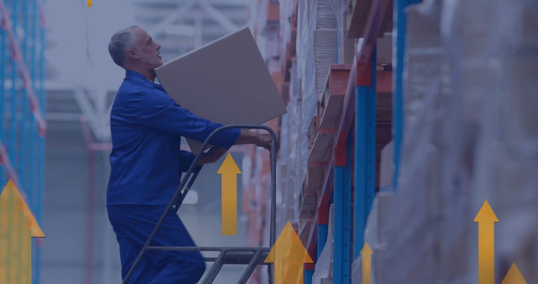 Warehouse Worker Handling Boxes with Digital Overlay of Arrows and Data