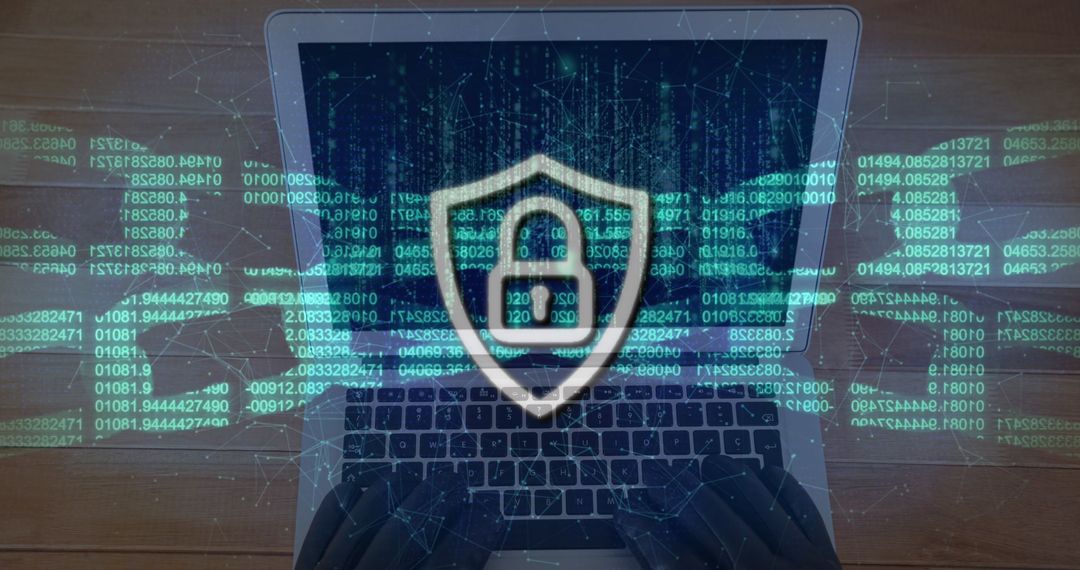 Digital Security Lock Icon Overlaying Laptop Screen and Code