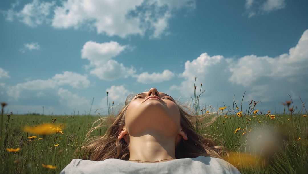 Young woman lying in wildflower meadow relaxing under wide blue sky with white clouds