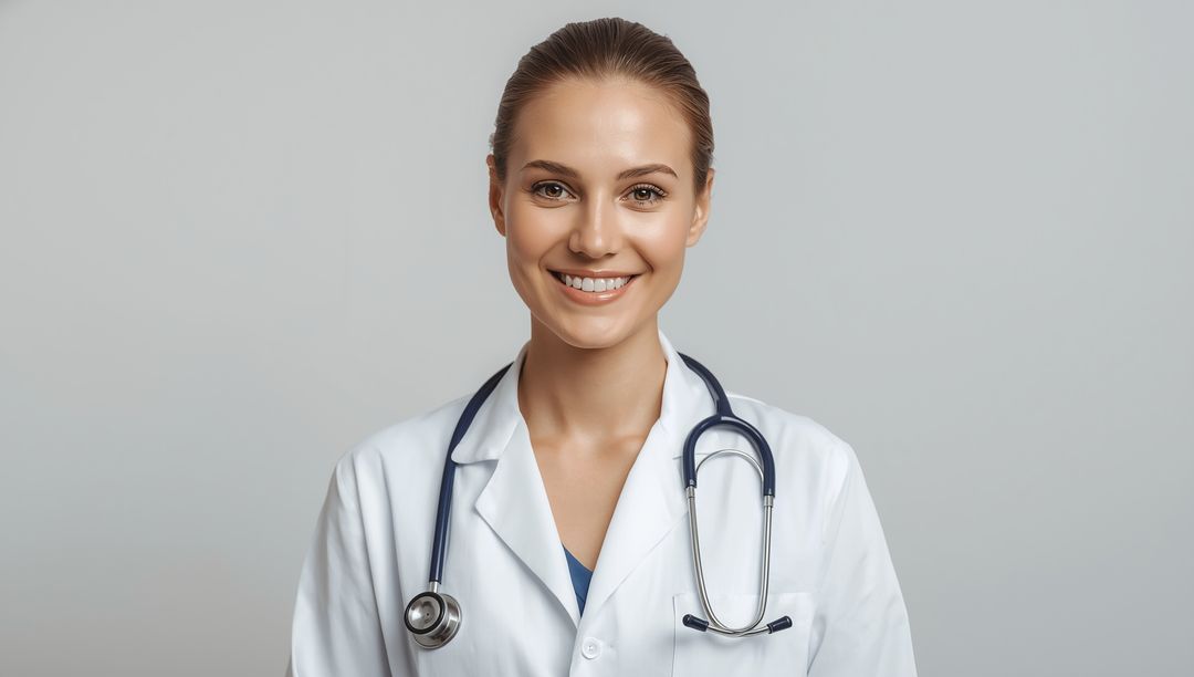 Confident Female Doctor with Stethoscope Smiling in Professional Setting