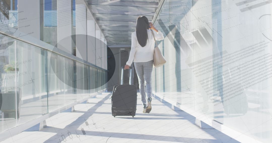 Businesswoman Navigating Airport with Traveling Data Analytics