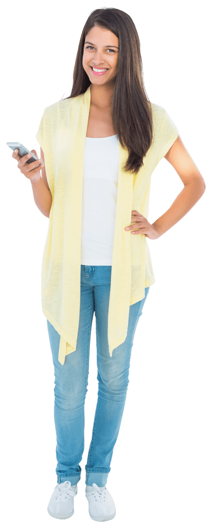 Smiling Woman Texting in Casual Yellow Cardigan Transparent Background