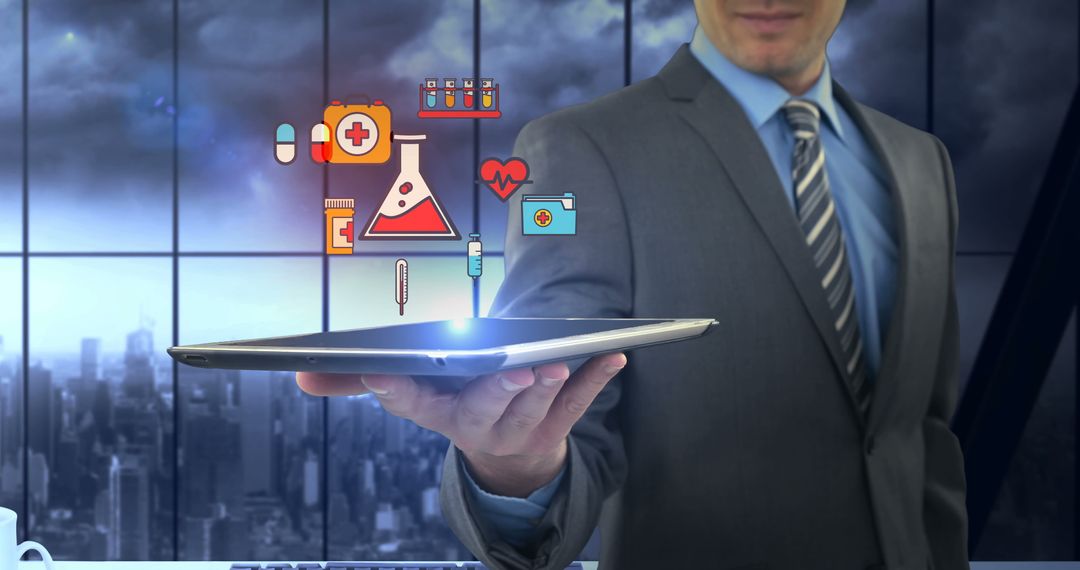 Businessman Presenting Healthcare Innovations with Digital Interface