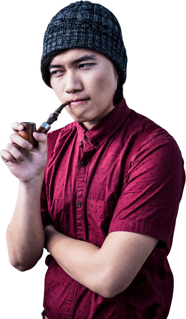 Pensive Asian Man Holding Pipe on Transparent Background Conceptual