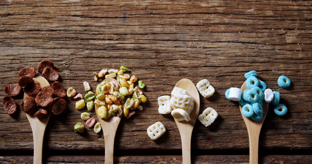 Variety of Colorful Cereals on Wooden Spoons on Rustic Table - Free Images, Stock Photos and Pictures on Pikwizard.com