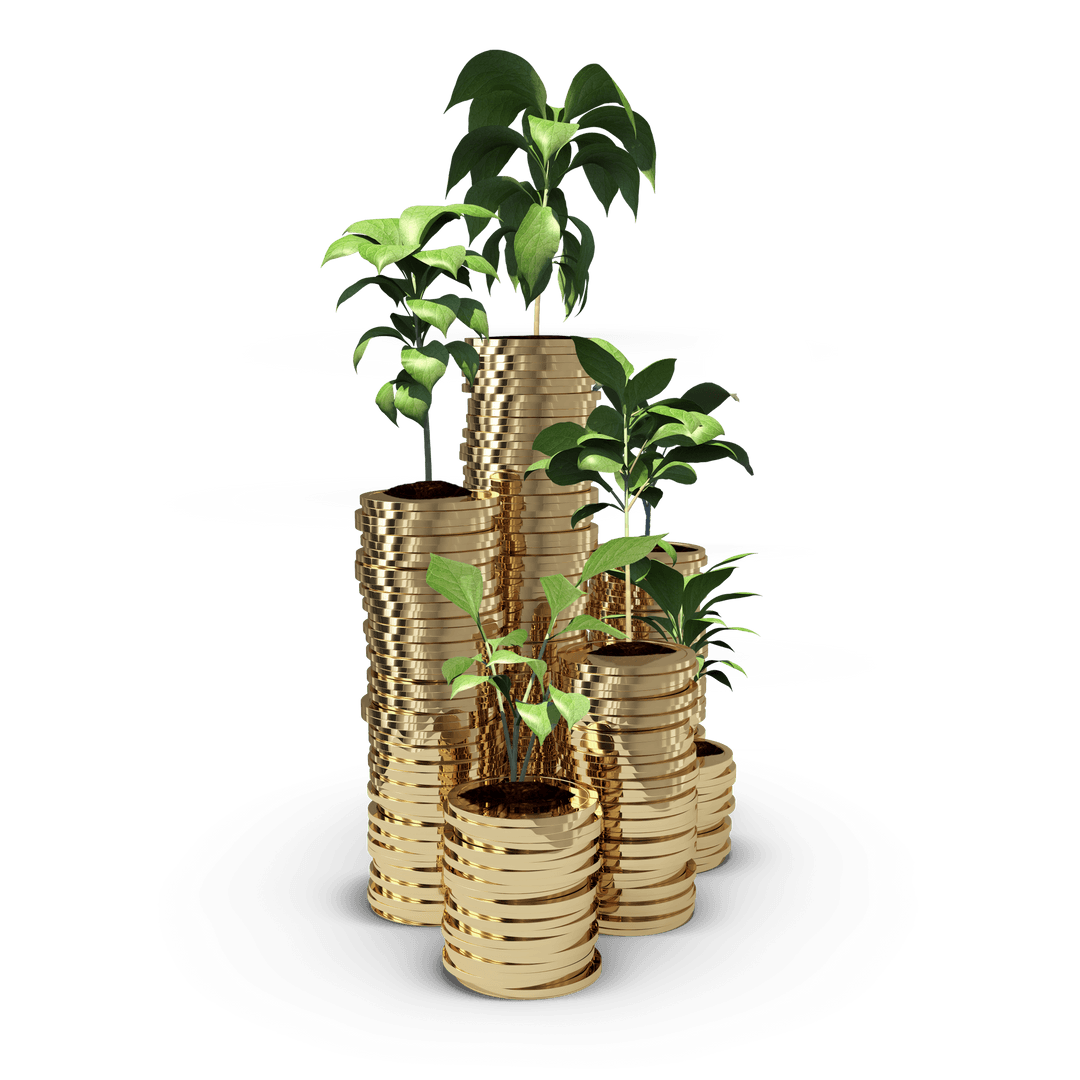 Coins Stacked with Green Plants on Transparent Background