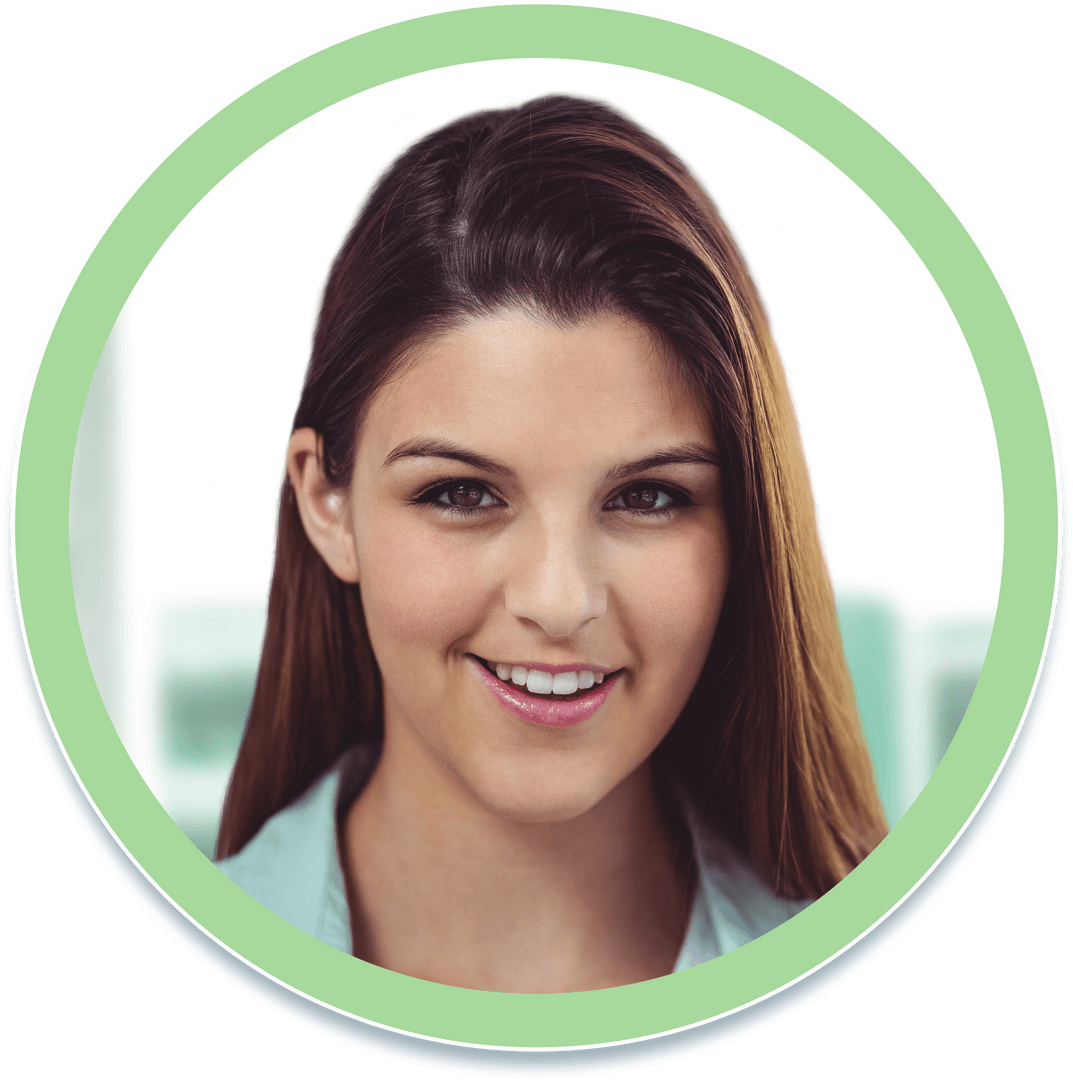 Smiling Woman in Transparent Circle with Modern Background