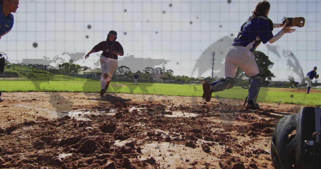 Catcher Reaches for Ball on Competitive Softball Field