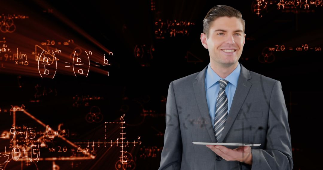 Businessman Using Tablet with Mathematical Equations and Data Technology