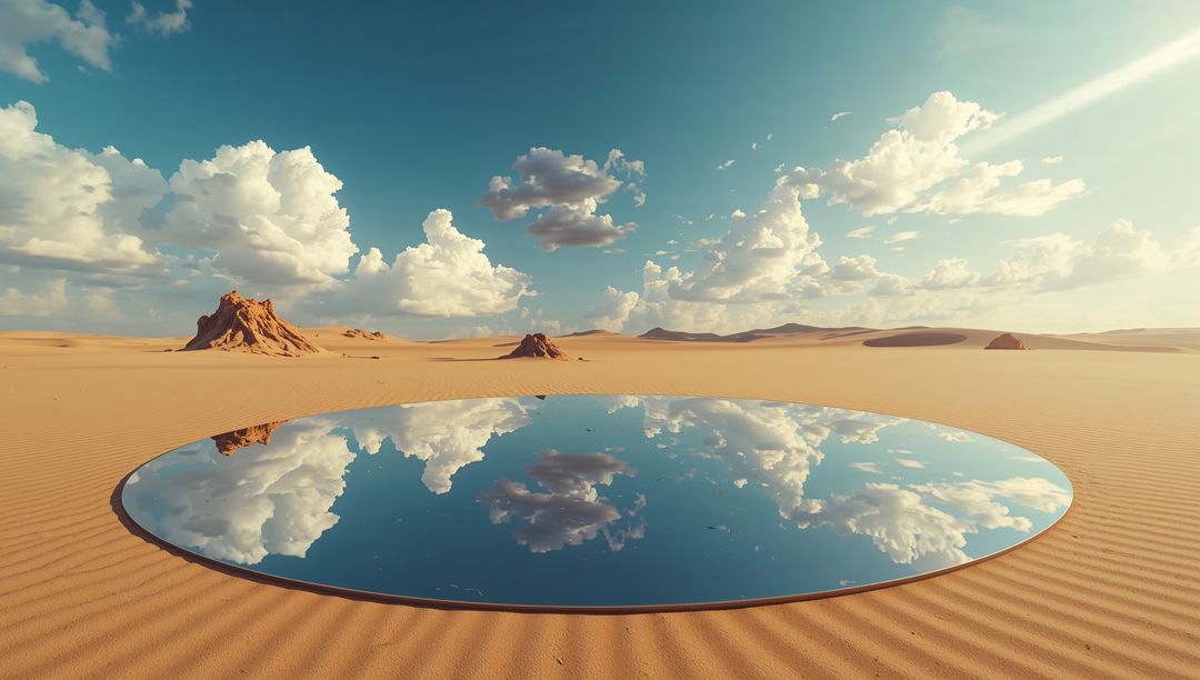 Circular Mirror Reflecting Sky Over Expansive Desert Landscape