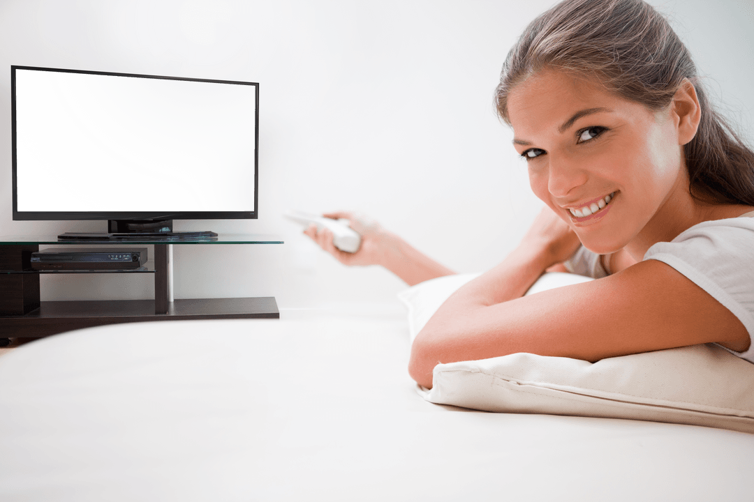 Transparent Screen with Relaxing Woman Watching TV at Home