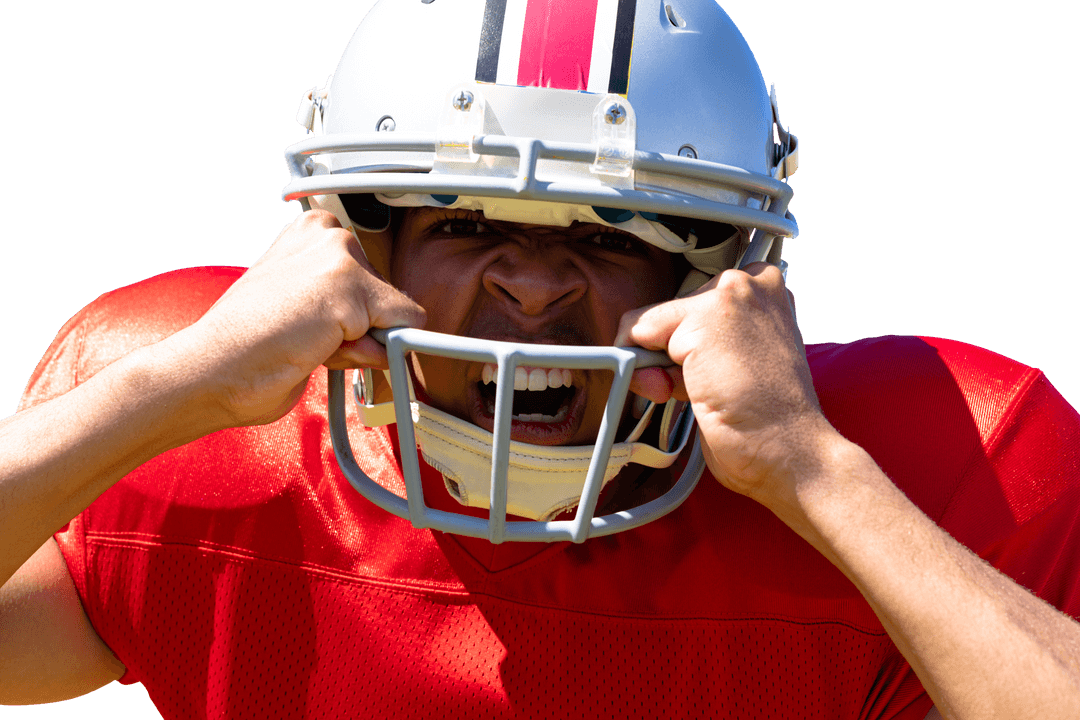 Furious Football Player Screaming in Helmet on Transparent Background