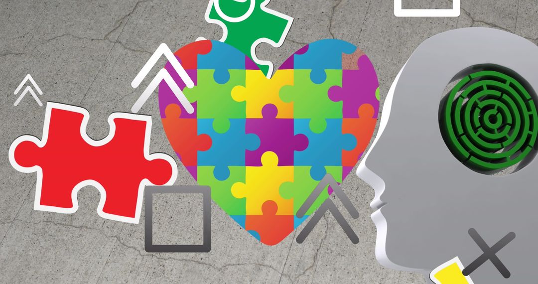 Colorful Puzzle Heart with Artistic Maze and Puzzle Iconography