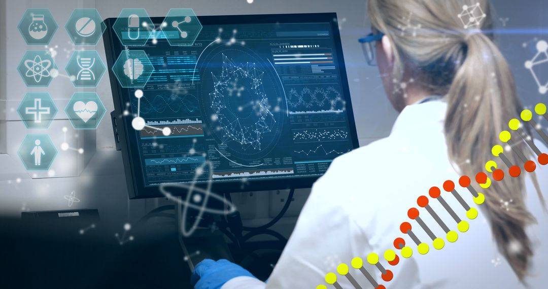A digitally generated image depicts a DNA strand and medical icons with a focused female scientist. - Free Images, Stock Photos and Pictures on Pikwizard.com