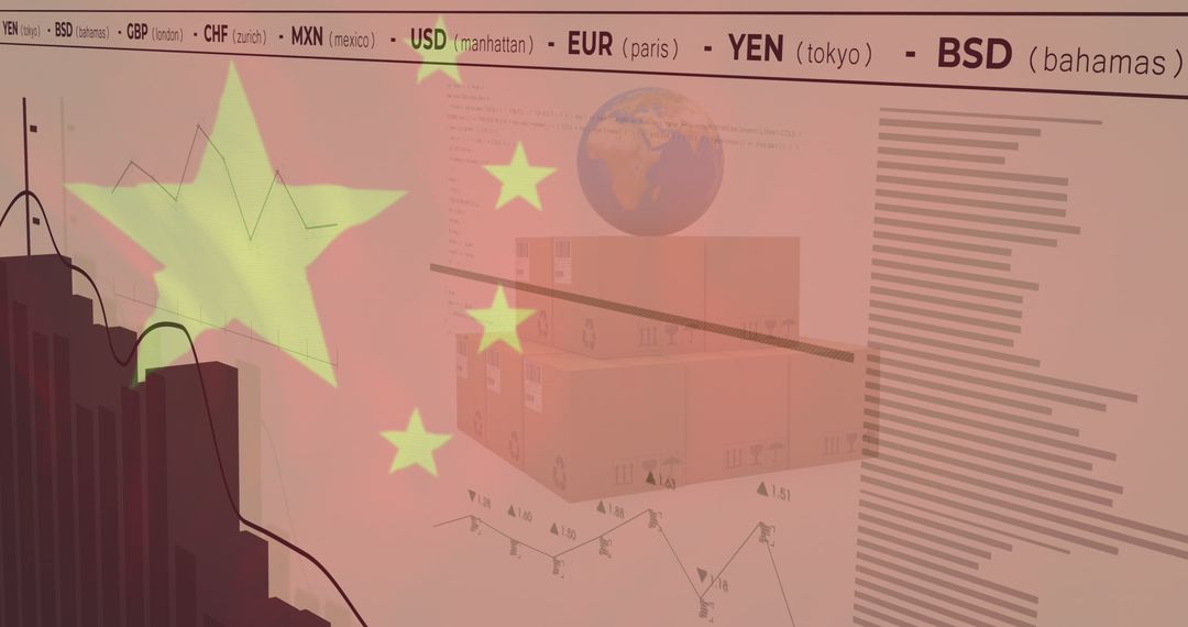 Digital Interaction Overlays China Flag with Global Financial Data