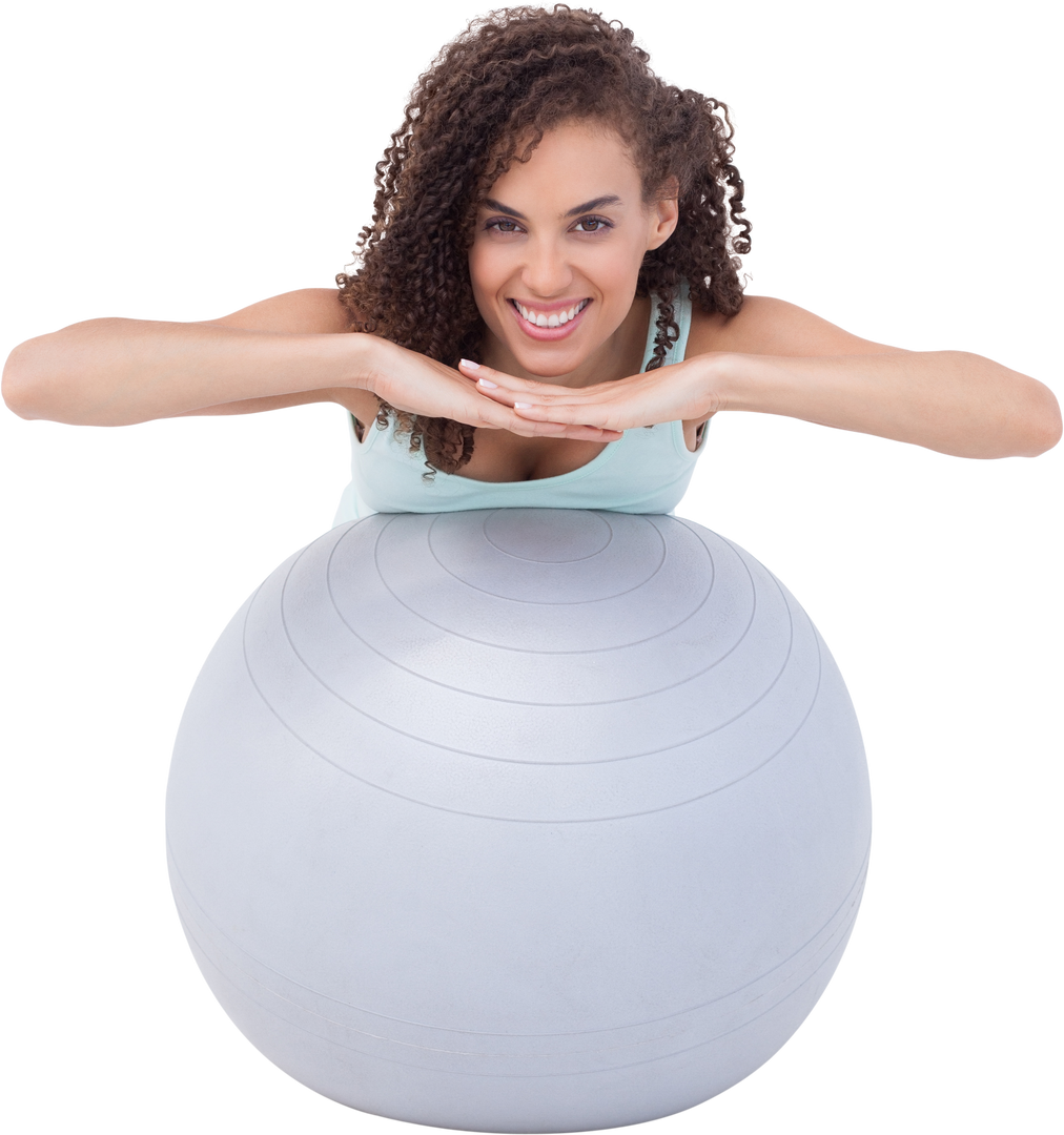 Smiling Woman Leaning on Transparent Exercise Ball for Fitness - Download Free Stock Images Pikwizard.com