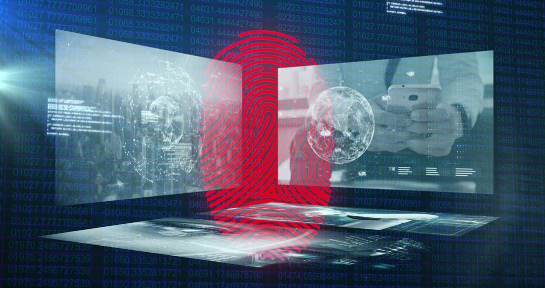 Red Fingerprint Overlaying Digital Data and Interfaces