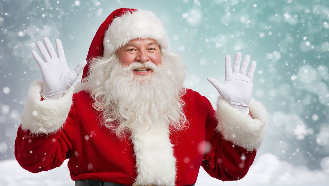 Jolly Santa Waving Amidst Snowflakes in Studio