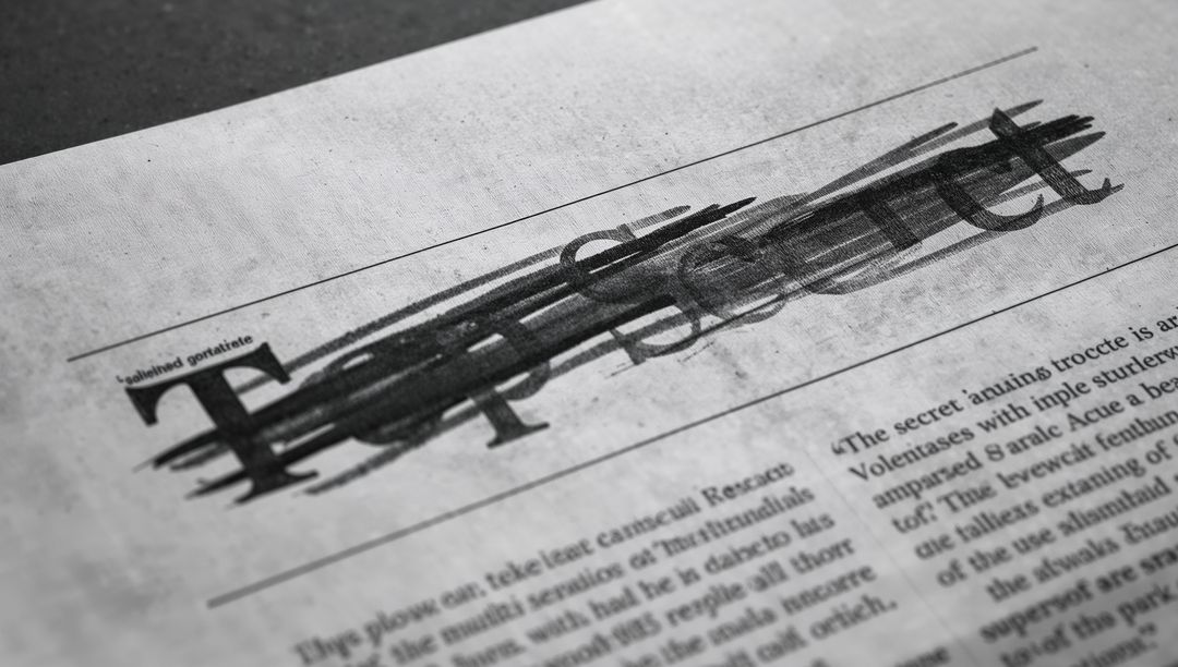 Blackout Headline with Heavy Marker Over Serif Drop Cap on Textured Newsprint