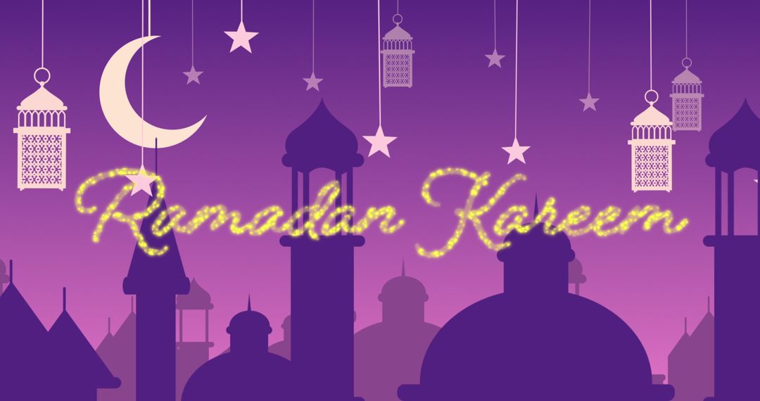 Ramadan Kareem Gold Glitter Greeting with Mosque Silhouettes and Lanterns - Free Images, Stock Photos and Pictures on Pikwizard.com