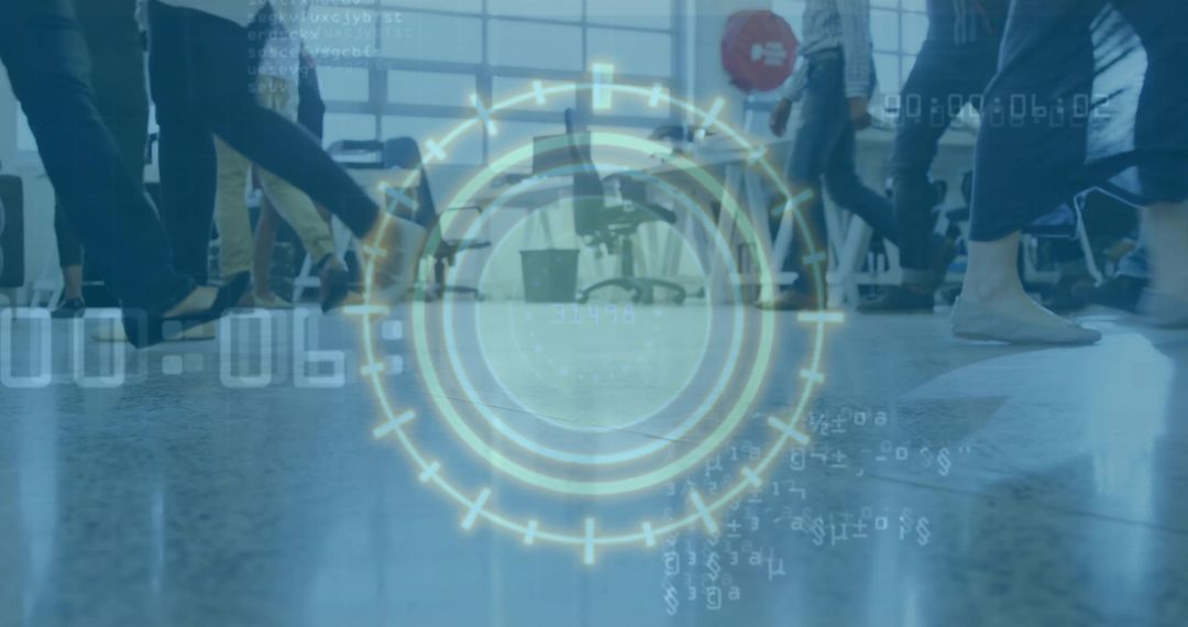 Business Workers Walking in Office with Digital HUD Graphics