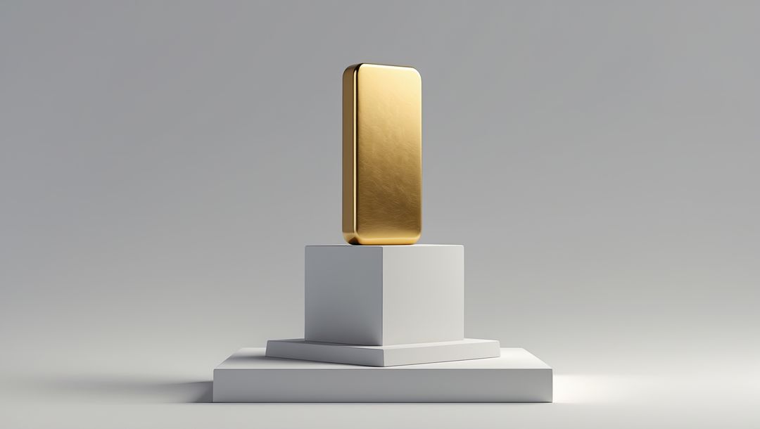 Gold bar displayed on white pedestal in minimalist studio, millionaire lifestyle
