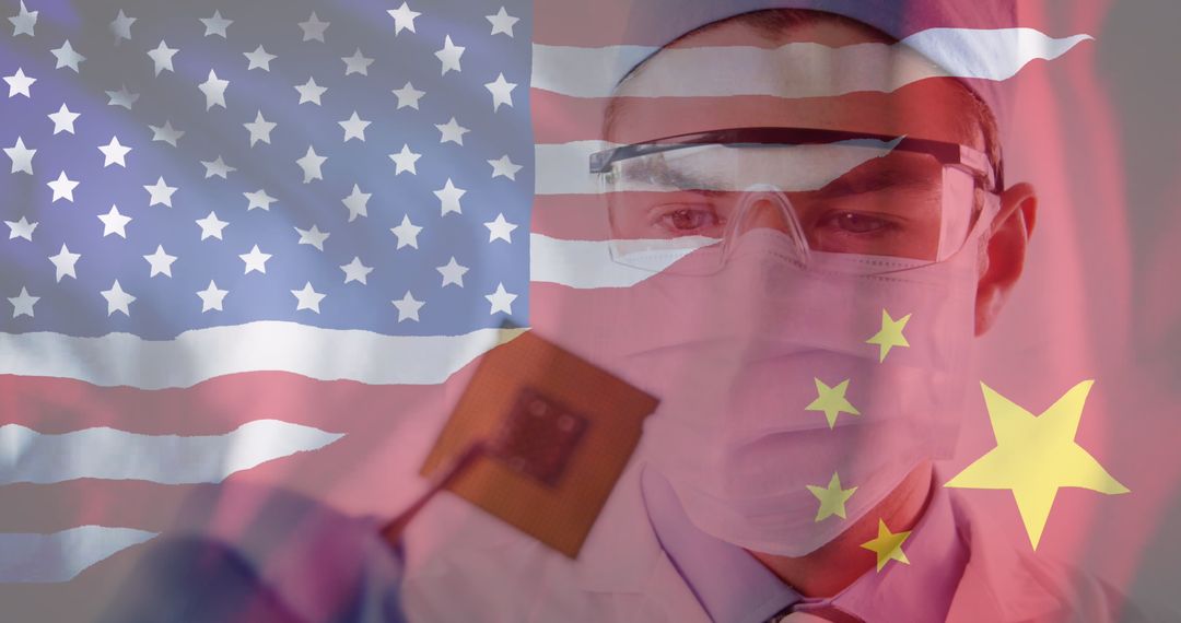 Scientist Examining Microchip with US and China Flags Overlay