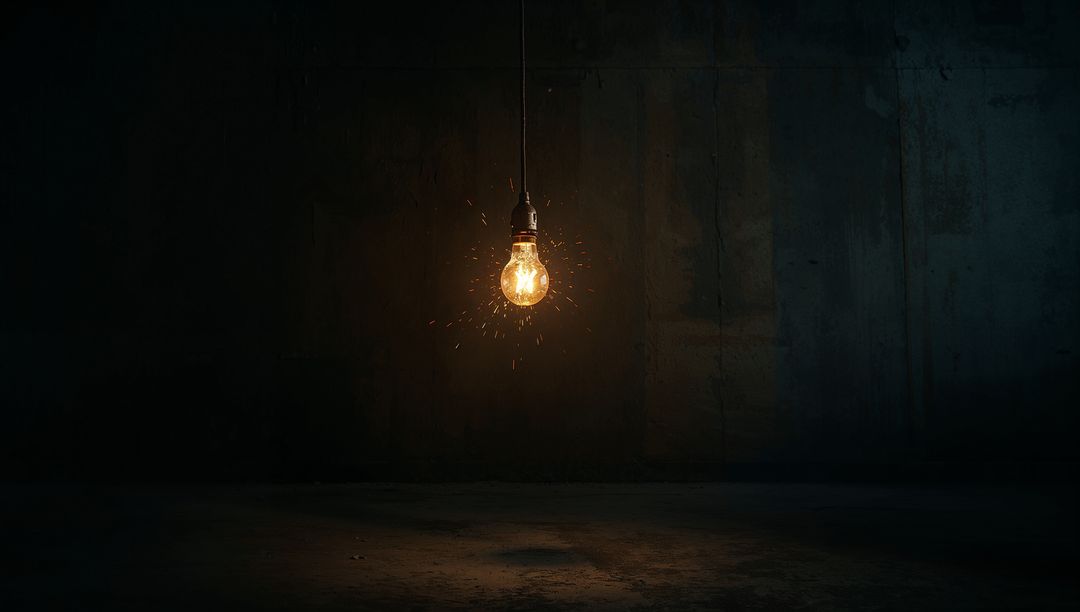 Hanging Incandescent Bulb in Dark Warehouse with Sparks