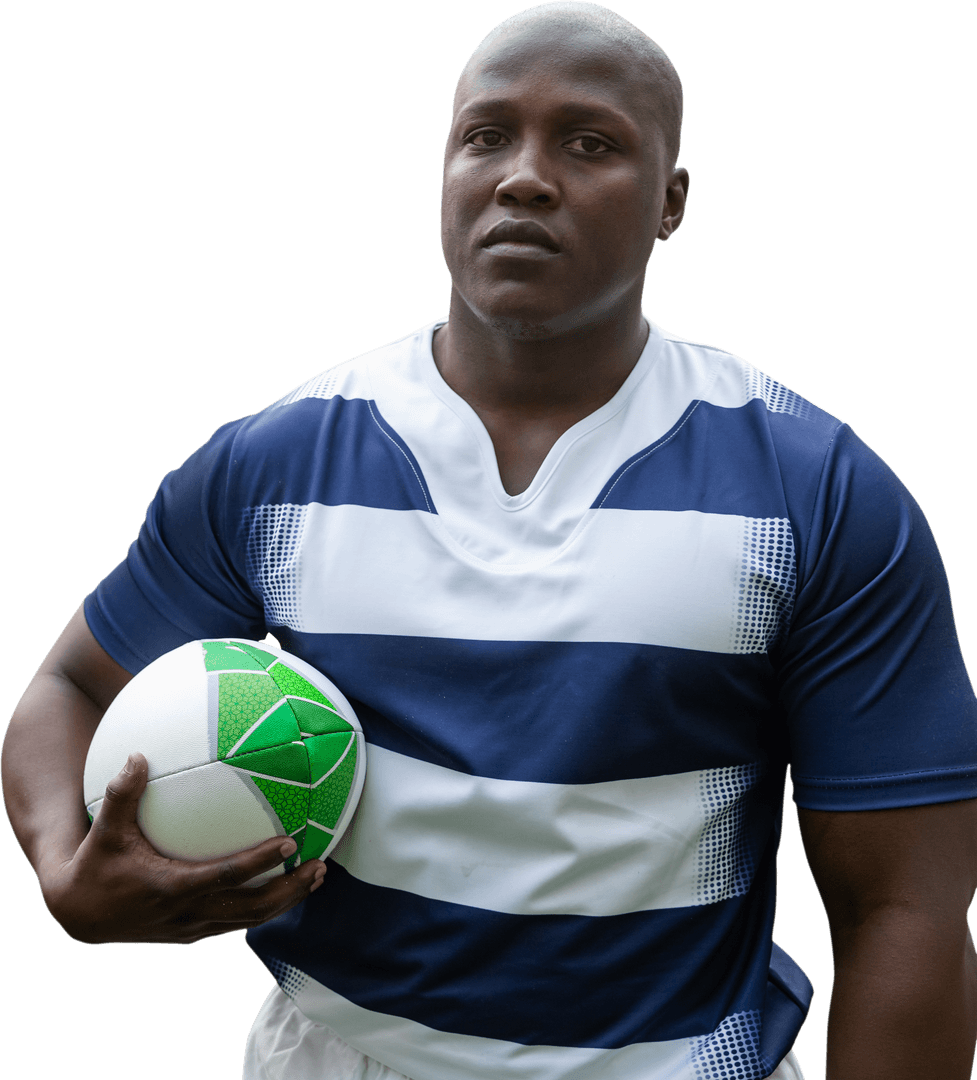 African American Rugby Player with Ball Isolated Transparent Background