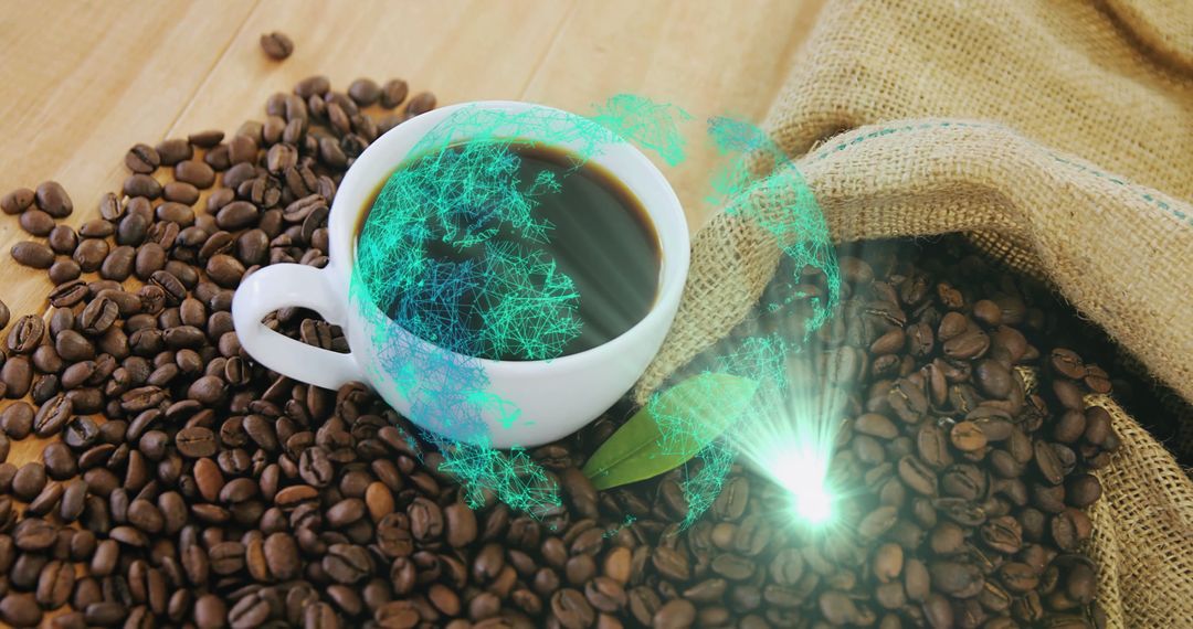 White Cup of Coffee with Holographic Global Network Overlay