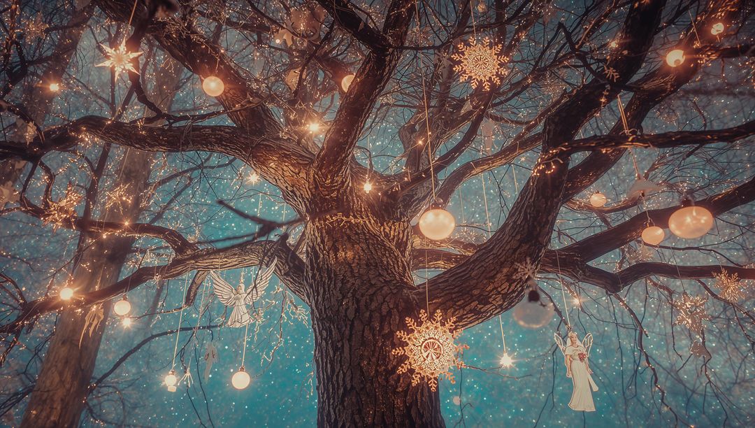 Magical Tree with Lights and Ornaments under Starry Night Sky