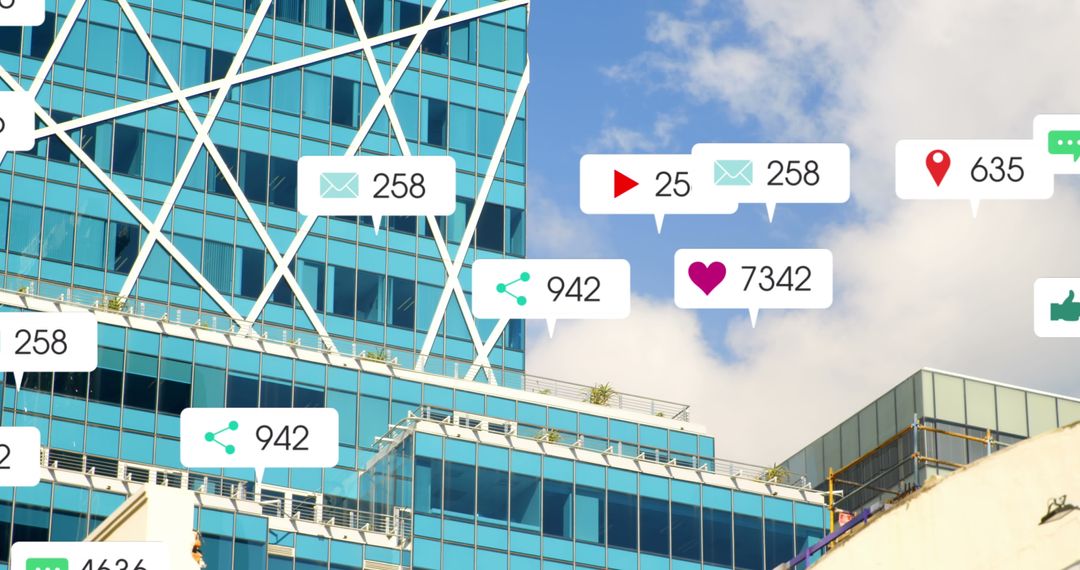 Social Media Icons Overlaying Cityscape Representing Digital Connectivity