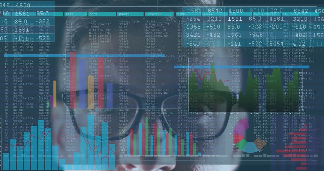 Man Analyzing Data Overlaid on Glasses in Virtual Workspace