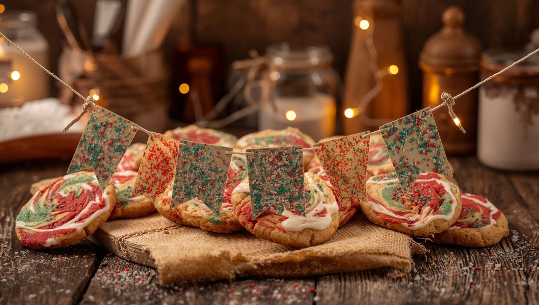 Rustic marbled red green holiday sugar cookies on burlap with festive bunting lights