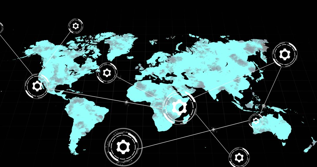 World Map with Digital Network Connections and Icons Overlay