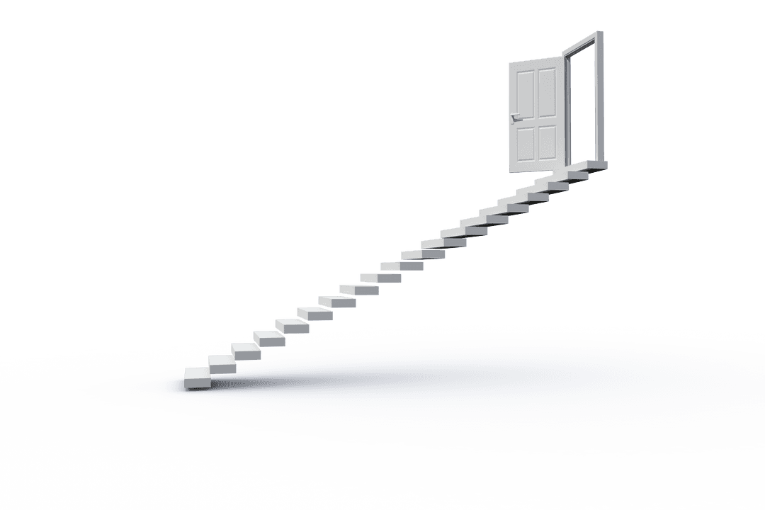Floating White Stairs Leading to Open Door on Transparent Background
