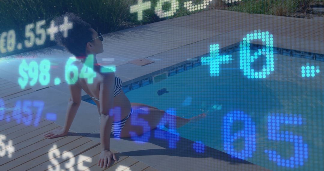 Financial Overlay on Woman at Poolside Representing Modern Lifestyle