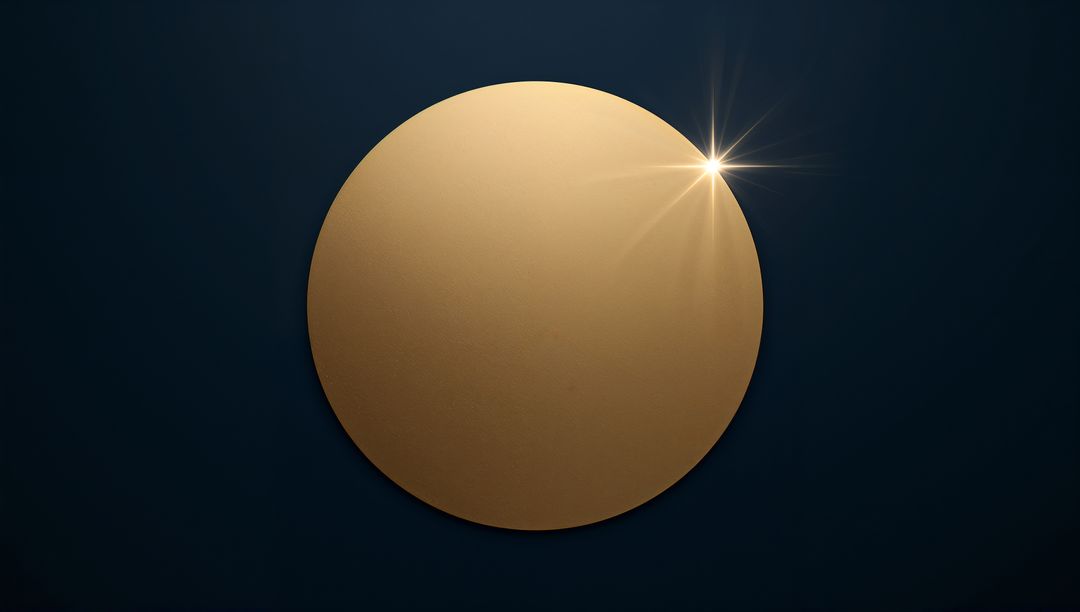 Matte Gold Textured Circular Disc with Starburst Flare on Deep Navy Minimalist Backdrop