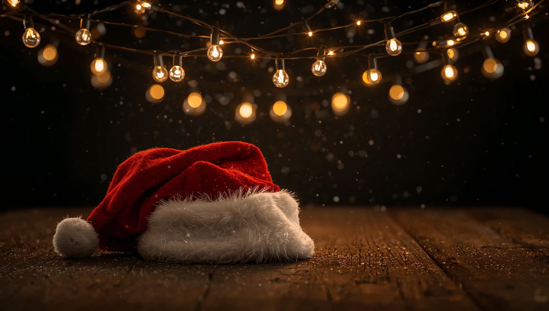 Resting Red Santa Hat on Rustic Wooden Table with Warm String Lights and Bokeh