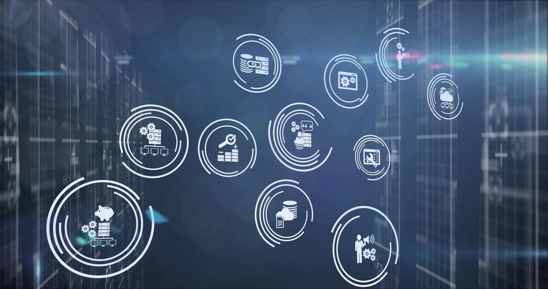 Futuristic Digital Technology Icons with Light Trails on Blue Background