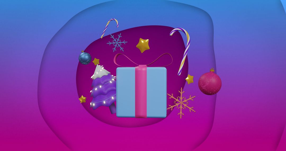 Christmas Decorations with Floating Gifts on Colorful Background
